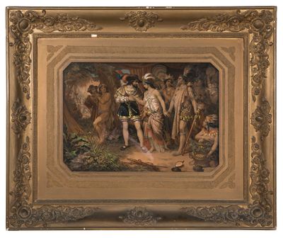 a painting of a group of people standing in front of a building