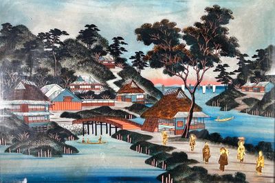 Paysage animé. Fixé sous verre et collage.