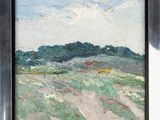 an oil painting of a landscape with hills in the distance