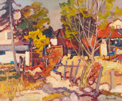 une peinture à l'huile représentant une scène de ferme avec une maison à l'arrière-plan