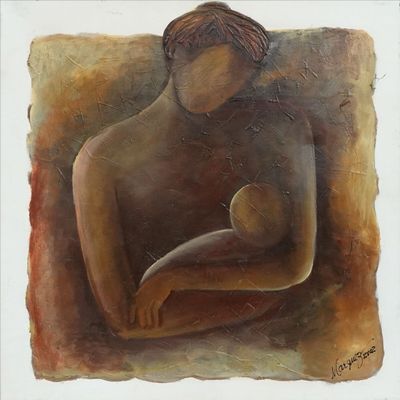 une peinture à l'huile représentant une femme tenant un bébé dans ses bras