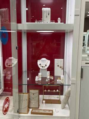 a glass display case with jewelry on it in a store