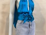 blue halter top and denim mini skirt set