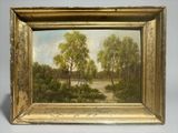 an oil painting of a landscape with trees and a river