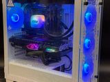 un boîtier d'ordinateur blanc orné de lumières bleues