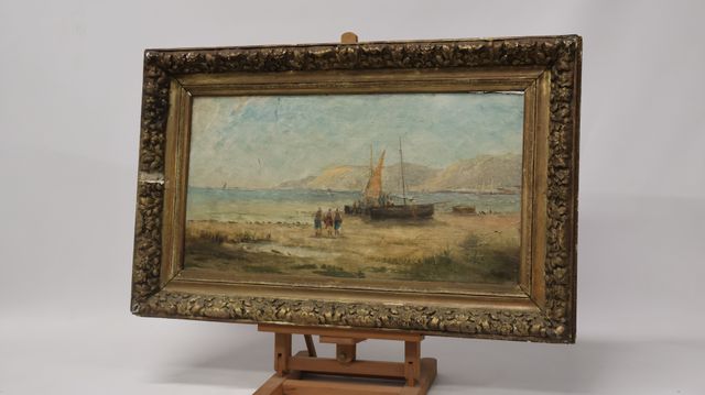 GUILLAUME « Bord de mer animé ». Huile sur panneau. Signée en bas...