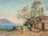 un tableau représentant une cabane au bord d'un lac
