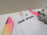 a white shirt with a pink and yellow tie dye on it