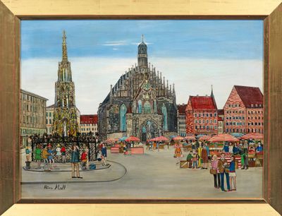 peinture d'une scène de rue avec une église à l'arrière-plan