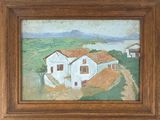 painting of a white house with a red roof in a wooden frame