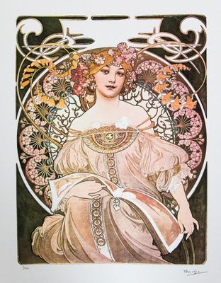 tableau représentant une femme avec des fleurs dans les cheveux et un éventail à la main