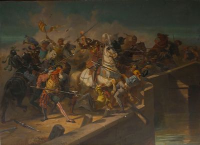 une peinture représentant un groupe d'hommes à cheval