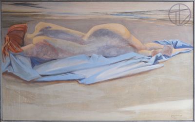 un tableau représentant une femme allongée sur une couverture à la plage
