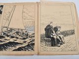 an old book with a drawing of a man sitting on a bench