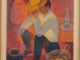 tableau représentant un homme coiffé d'un chapeau de paille, assis sur un canapé