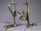 pair of antique brass swan lamps on stand with glass shade