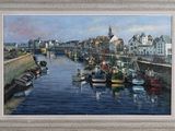 a painting of a harbor scene with boats in the water