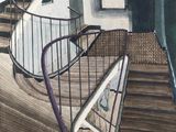 a painting of a spiral staircase with a bike on it