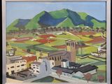 a painting of a town with a mountain in the background