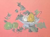 a painting of a bowl of fruit on a table