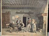 an old picture of a family in a kitchen with a dog and a cat