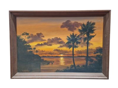 Willy REAGAN (1939), "Palmiers au bord d'un lac au soleil co…