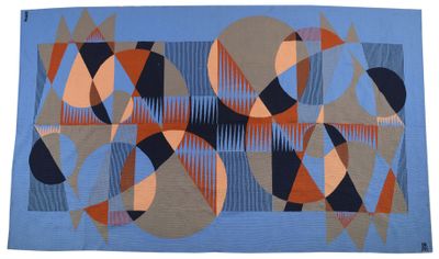 an image of a blue and orange quilt with circles on it