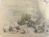 a drawing of a horse drawn carriage on the side of the road