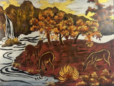 tableau représentant un groupe d'animaux paissant dans un champ près d'une cascade