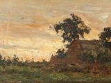l'image d'un tableau représentant un paysage avec une maison au loin