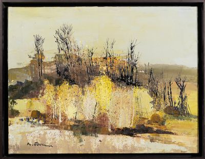 une image d'un tableau représentant un paysage avec des arbres au premier plan