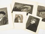 four old black and white photos of men with hats and beards