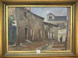 une peinture à l'huile représentant une scène de rue avec une église à l'arrière-plan