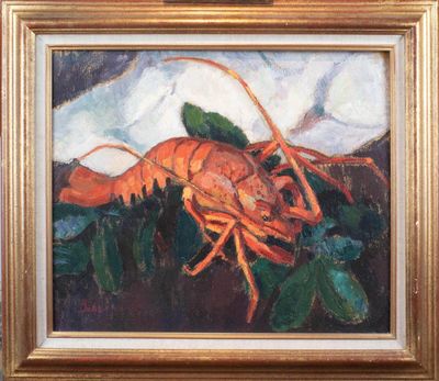 une peinture à l'huile représentant un homard sur un tissu blanc