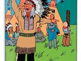 une image représentant un personnage de bande dessinée, un Amérindien tenant une hache