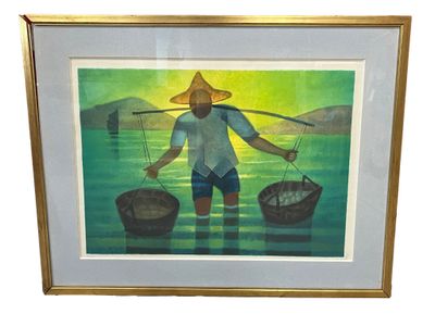 tableau représentant un homme avec deux paniers de poissons au bord d'un plan d'eau