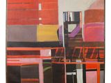 painting of an abstract city scene with red, yellow, and purple buildings