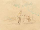 dessin représentant un homme et une femme debout dans un champ avec un chien