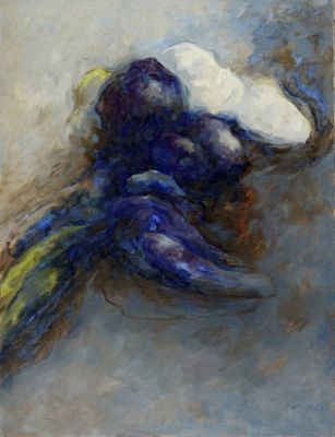une image représentant un tableau d'un oiseau bleu coiffé d'un chapeau blanc