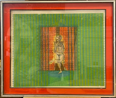 painting of a woman in a yellow dress in a red frame