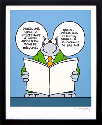 dessin humoristique représentant un homme en train de lire un livre, avec deux bulles de dialogue au-dessus de sa tête