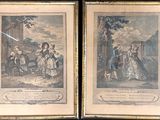 two framed prints of a couple of people and a dog