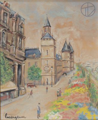 tableau représentant une rue de la ville avec une tour horloge en arrière-plan