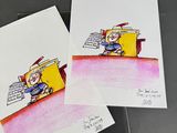two cards with a drawing of a man playing a piano