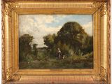 a painting of a man and a dog in a field