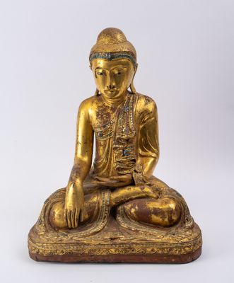 CHINE, XIXe s, Bouddha assis, bois sculpté, doré et incrusta…