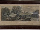 tableau encadré représentant un homme et un chien dans un paysage