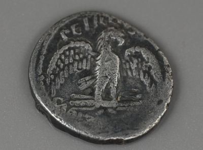 une vieille pièce de monnaie sur laquelle est représenté un oiseau, posée sur une table