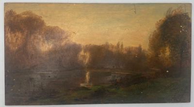 une peinture à l'huile représentant une scène de rivière avec un bateau au premier plan