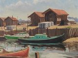 un tableau représentant deux bateaux dans l'eau près d'un quai
